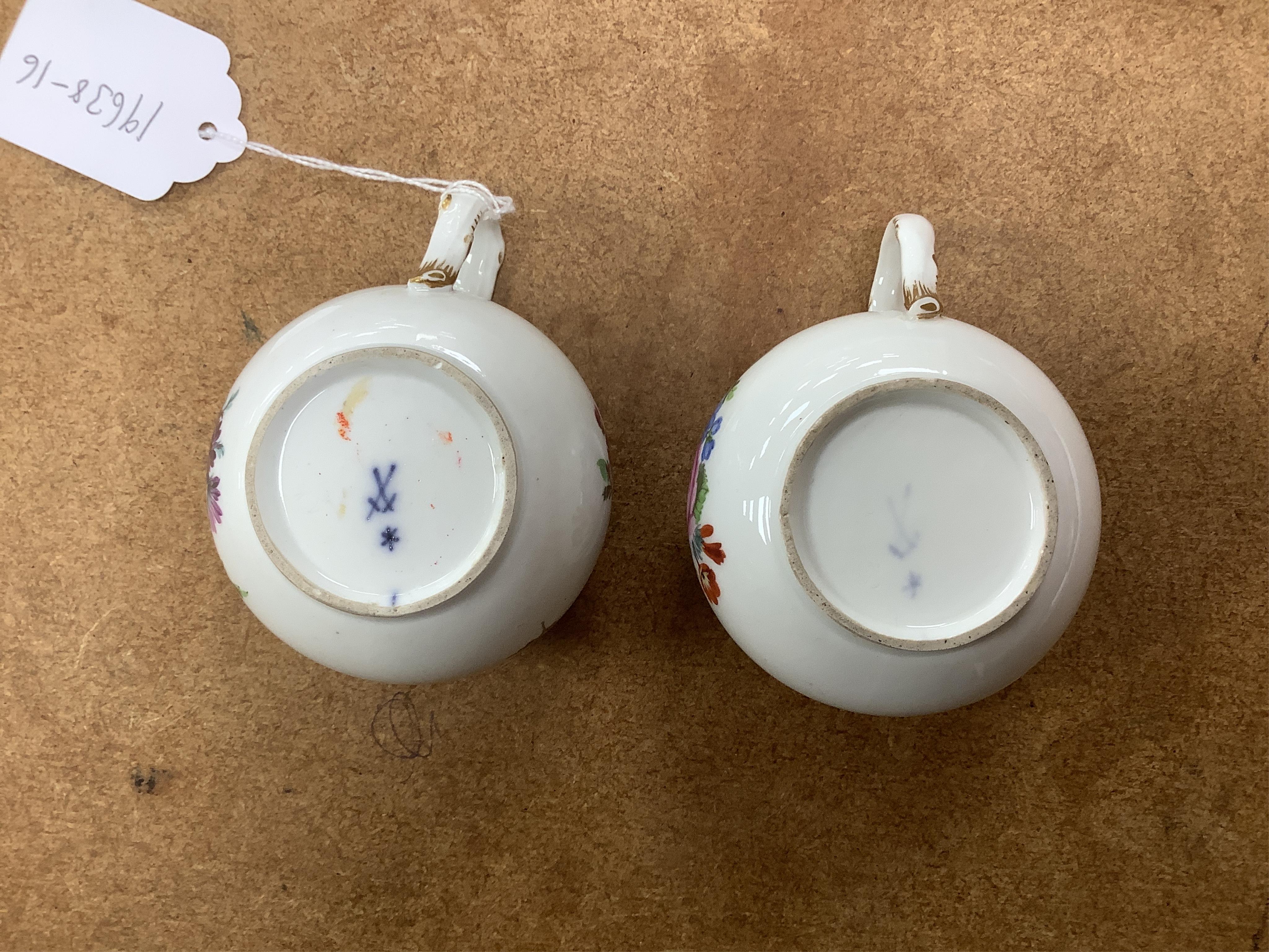 A pair of Meissen Marcolini period floral custard cups & covers together with an early 19th century English porcelain miniature tea set on tray, largest 20cm wide
